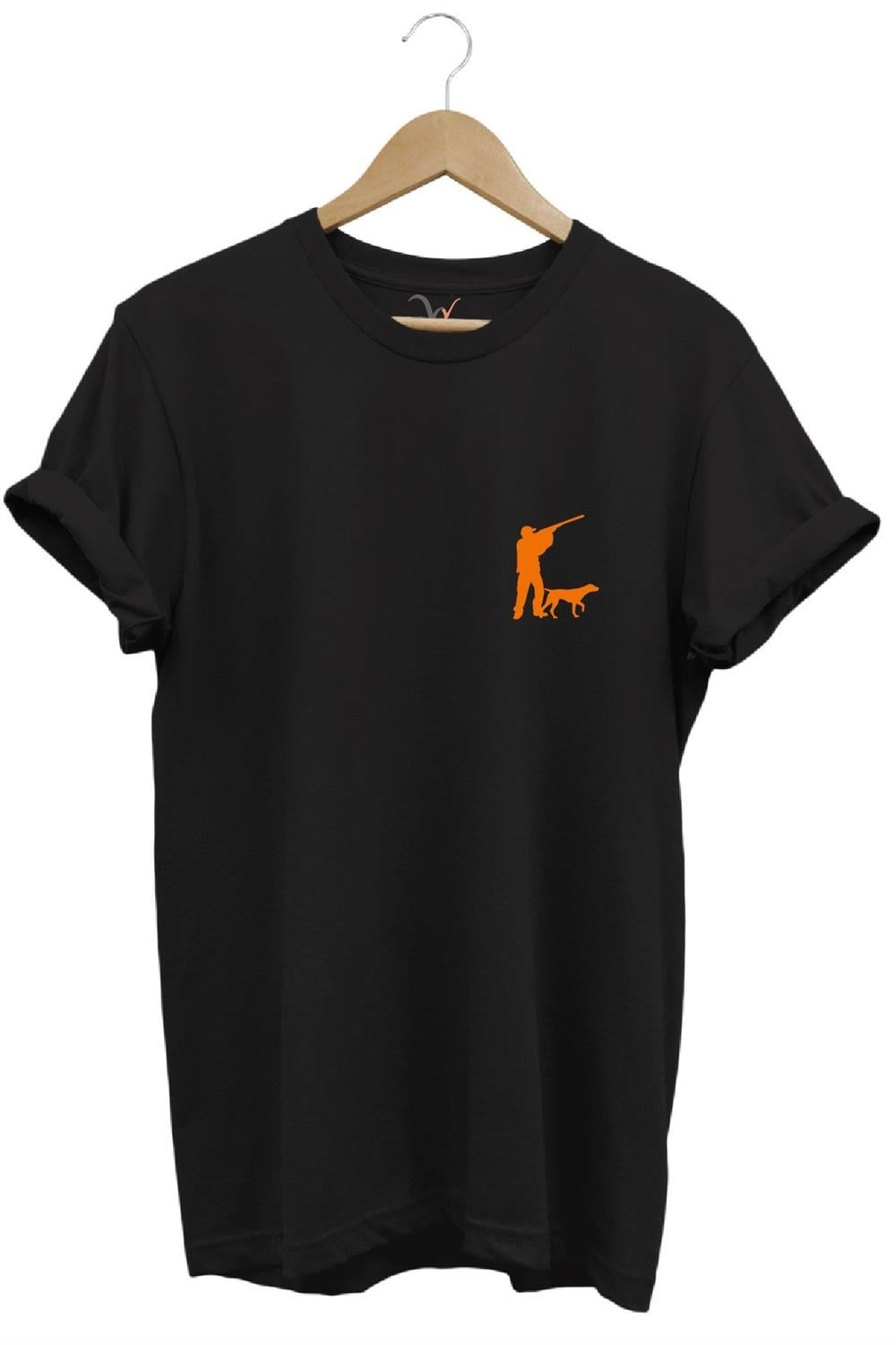 Hunting Avcılık Minimal Av Köpeği Ve Avcı Baskılı %100 Pamuk Regular Fit Unisex T-Shirt - Siyah