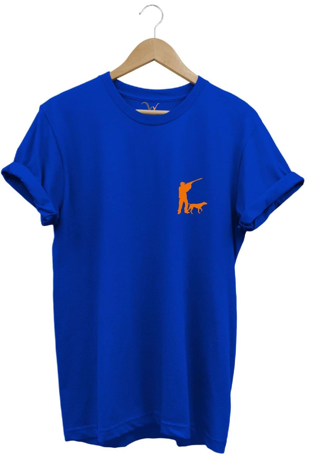 Hunting Avcılık Minimal Av Köpeği Ve Avcı Baskılı %100 Pamuk Regular Fit Unisex T-Shirt - Mavi