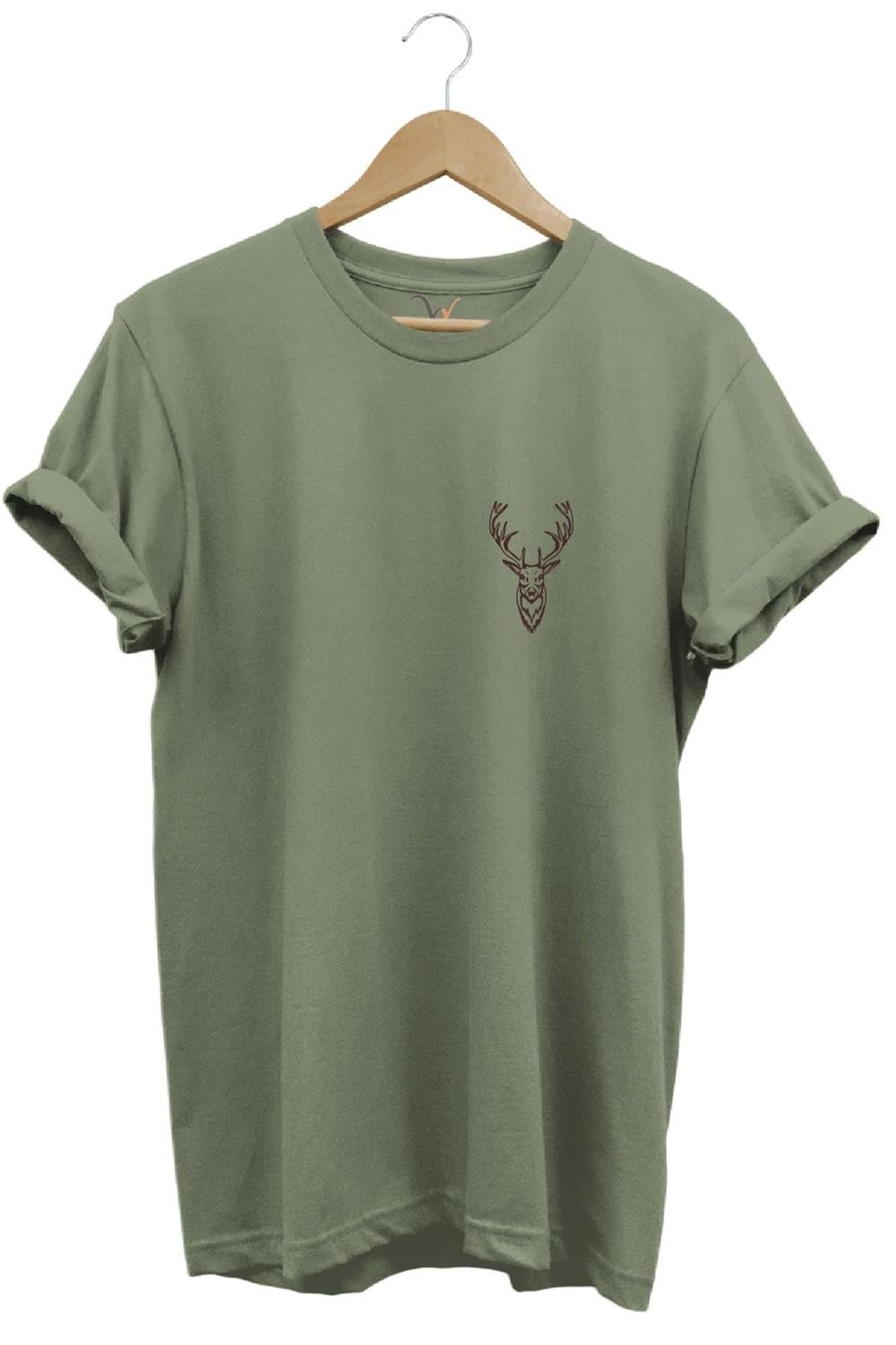 Hunting Avcılık Minimal Geyik Avı Baskılı %100 Pamuk Regular Fit Unisex T-Shirt - Haki