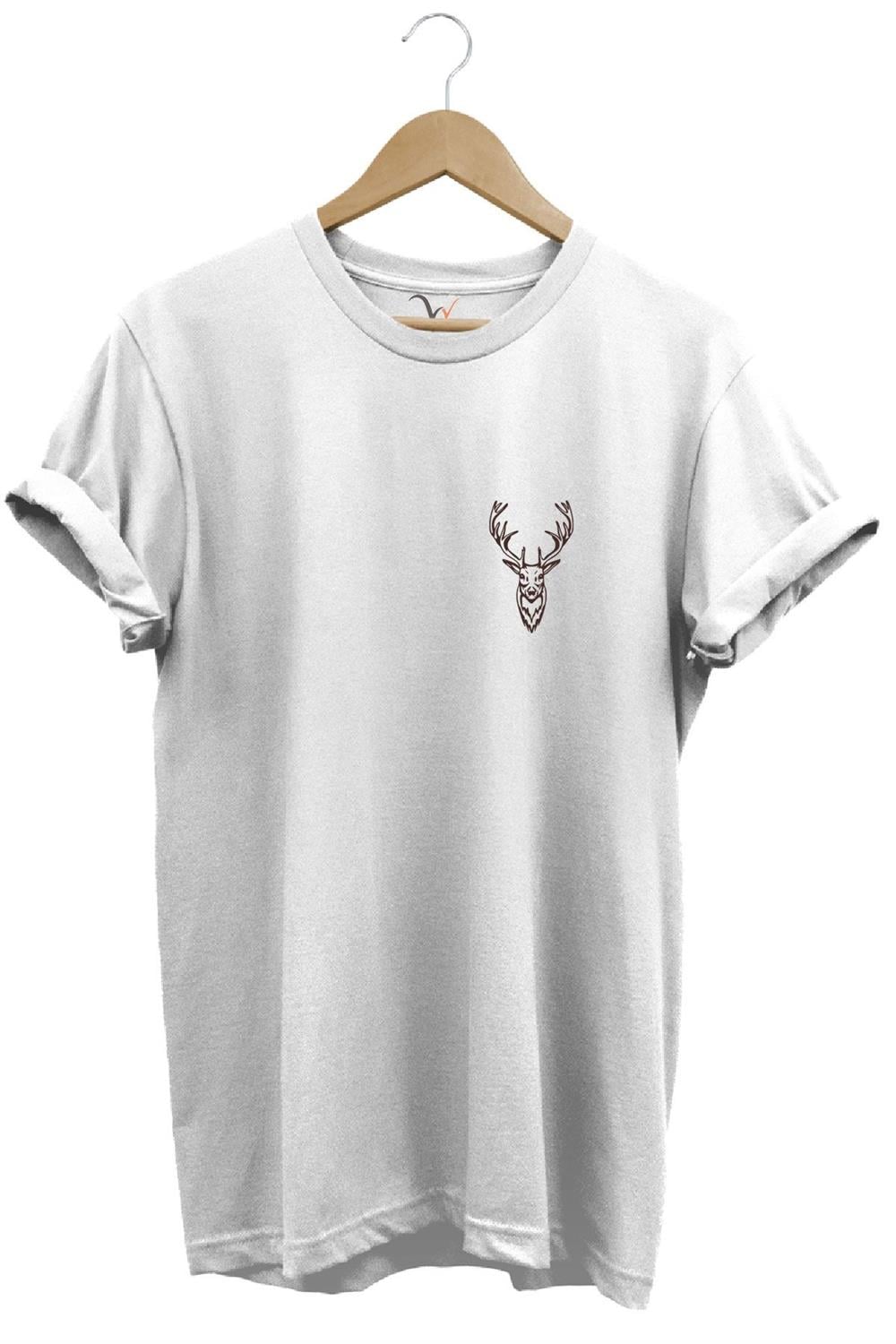 Hunting Avcılık Minimal Geyik Avı Baskılı %100 Pamuk Regular Fit Unisex T-Shirt - Beyaz