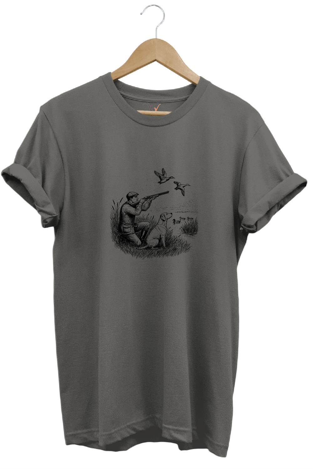Hunting Avcılık Ördek Avı Baskılı Avcı Ve Av Köpeği Regular Fit Bisiklet Yaka T-Shirt - Antrasit