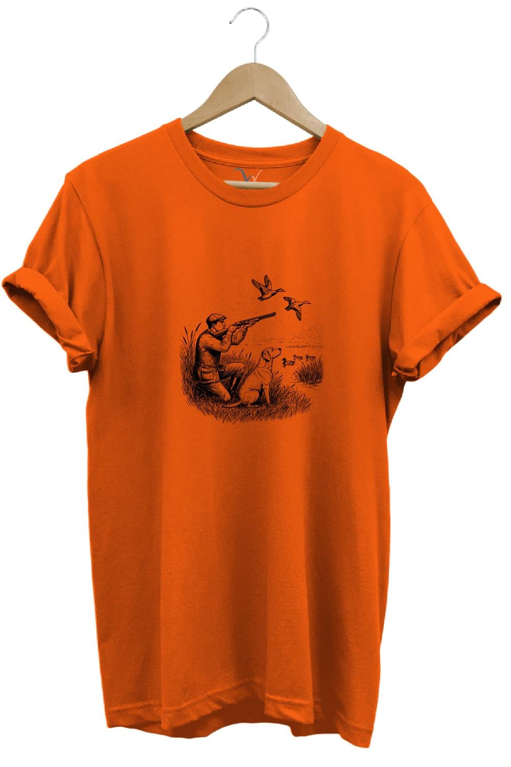 Hunting Avcılık Ördek Avı Baskılı Avcı Ve Av Köpeği Regular Fit Bisiklet Yaka T-Shirt - Turuncu