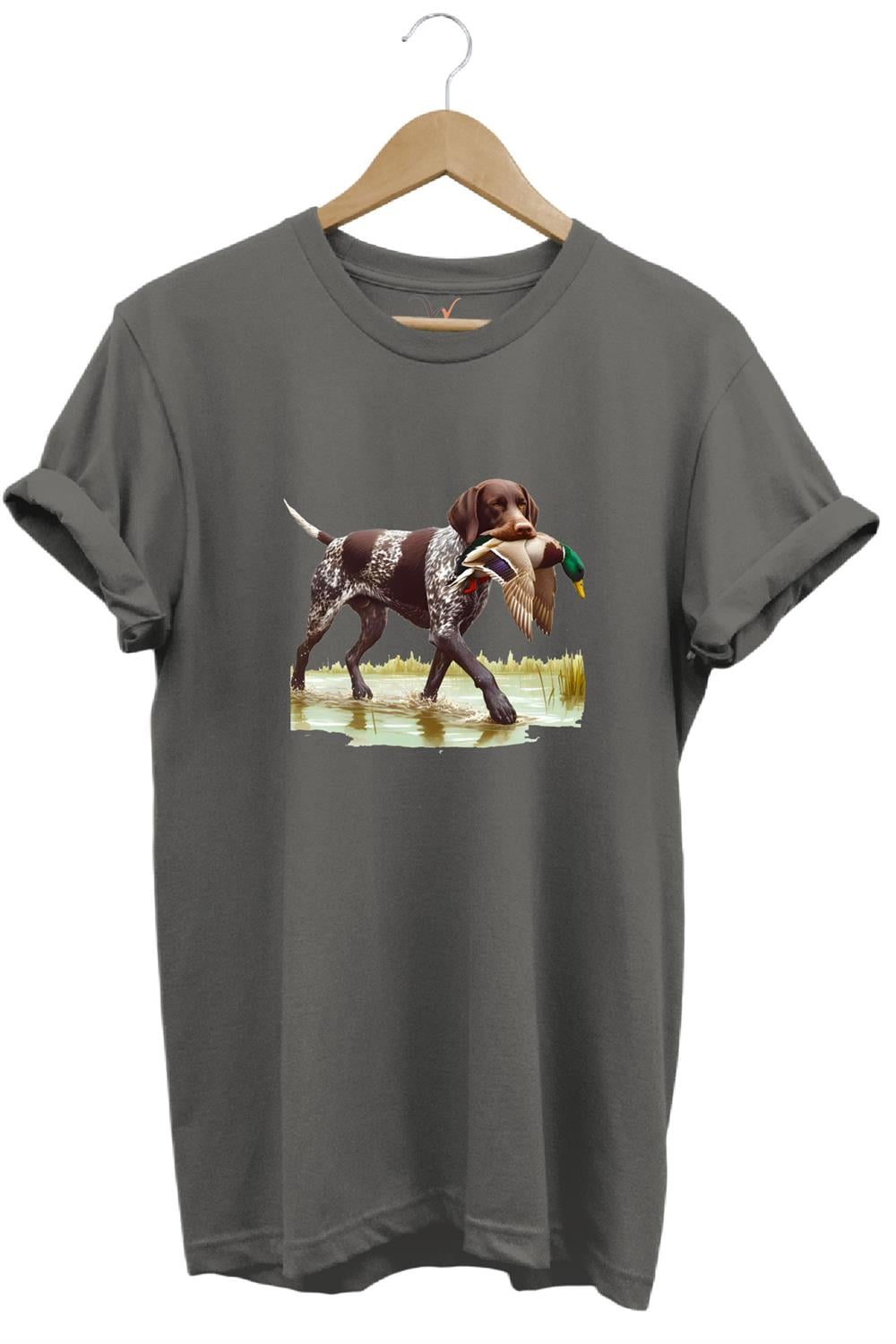 Hunting Avcılık Ördek Avı Baskılı Sazlıkta Avlanan Köpek %100 Pamuk Regular Fit T-Shirt - Antrasit