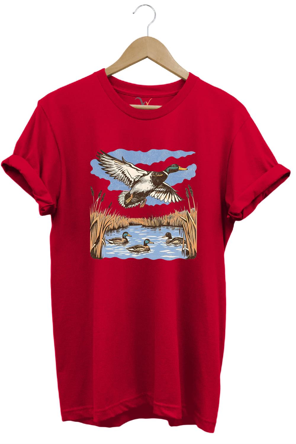 Hunting Avcılık Ördek Avı Sazlık Göl Baskılı %100 Pamuk Regular Fit Unisex T-Shirt - Kırmızı