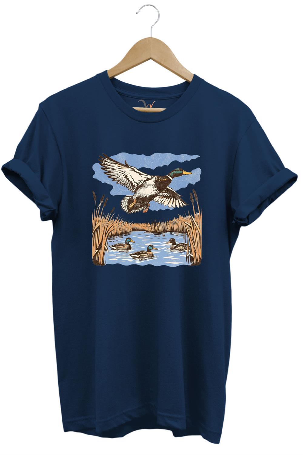 Hunting Avcılık Ördek Avı Sazlık Göl Baskılı %100 Pamuk Regular Fit Unisex T-Shirt - Lacivert