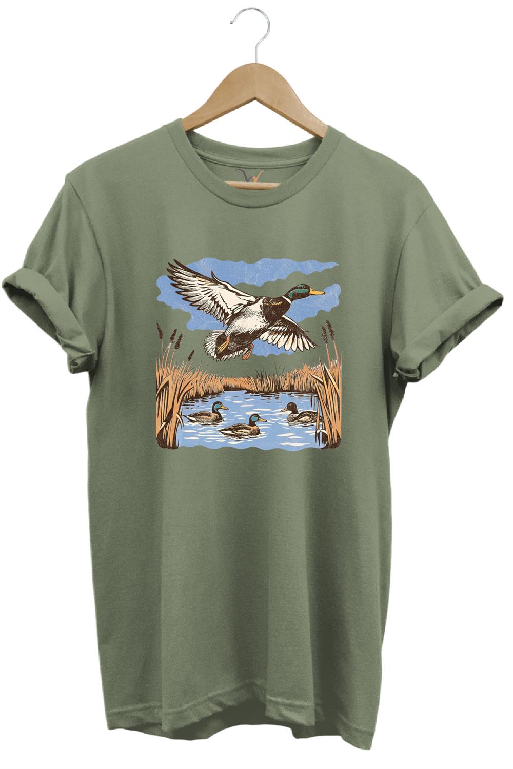 Hunting Avcılık Ördek Avı Sazlık Göl Baskılı %100 Pamuk Regular Fit Unisex T-Shirt - Haki