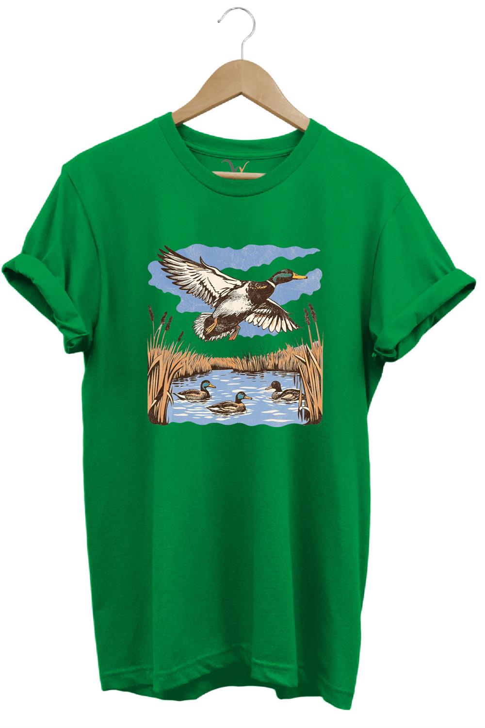 Hunting Avcılık Ördek Avı Sazlık Göl Baskılı %100 Pamuk Regular Fit Unisex T-Shirt - Yeşil