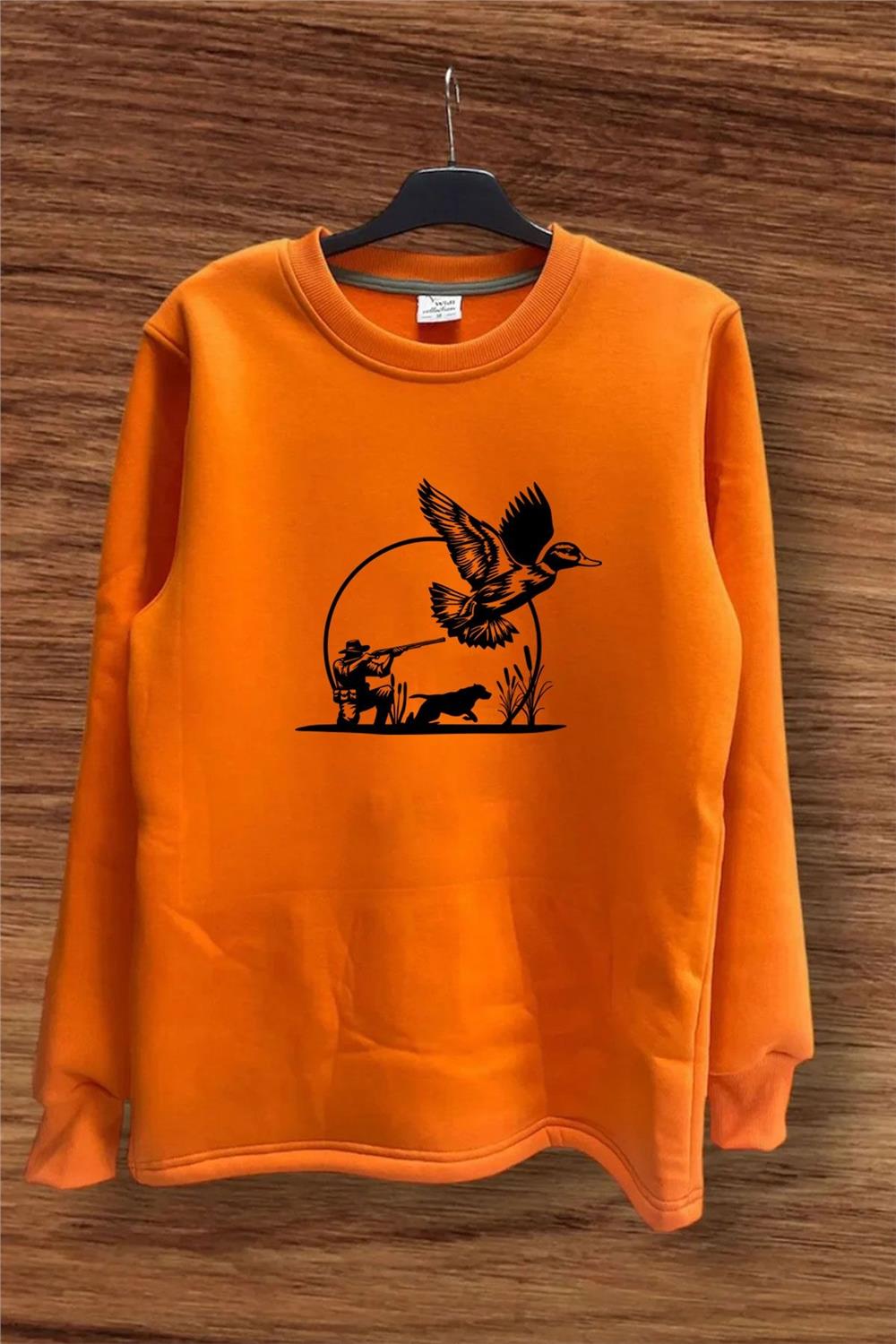 Hunting Avcılık Ördek Avı Ve Avcı Köpeği Tüfek Baskılı Regular Fit %100 Pamuk Sweatshirt - Turuncu
