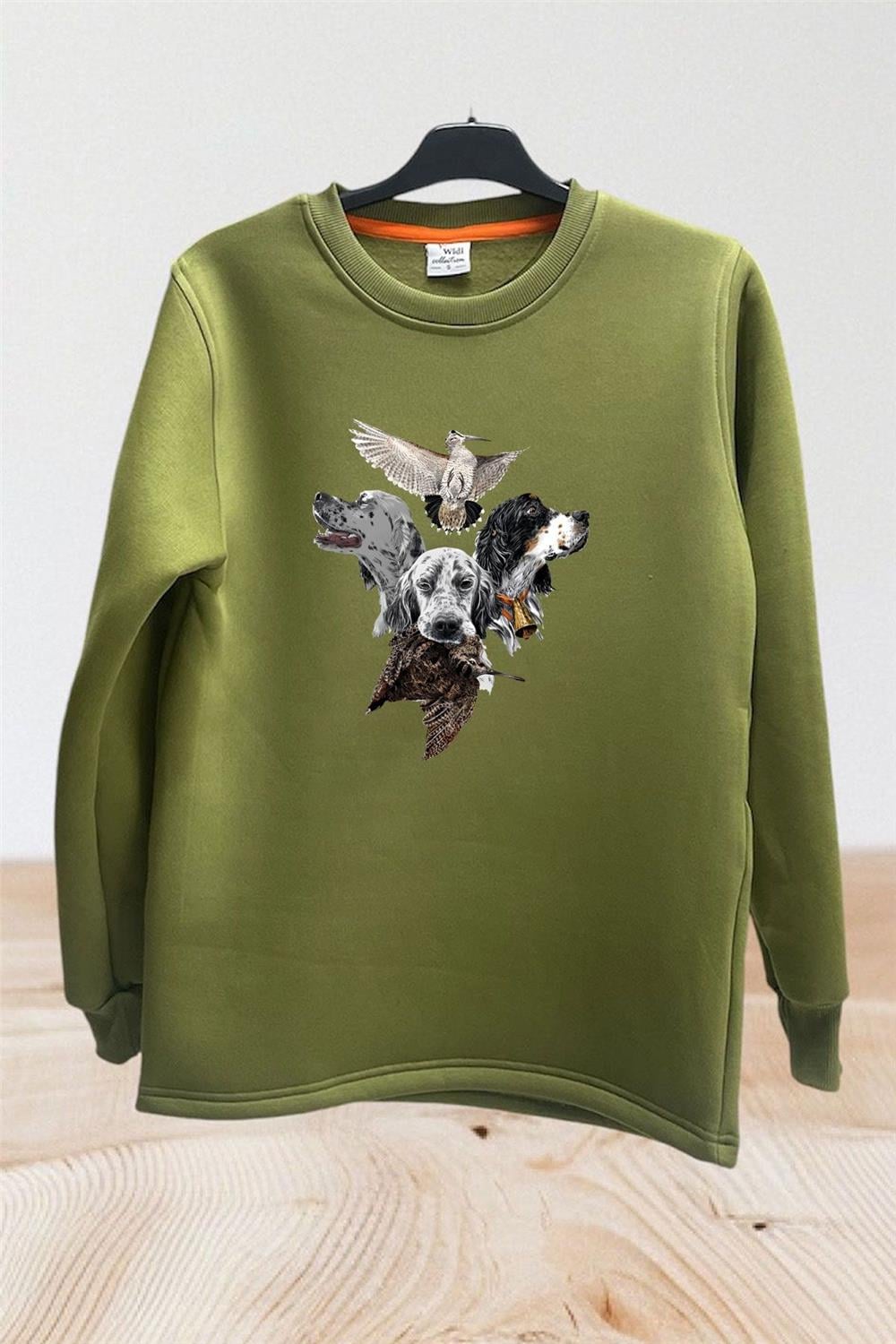 Hunting Avcılık Pointer Çulluk Setter Baskılı Regular Fit %100 Pamuk Bisiklet Yaka Sweatshirt - Haki
