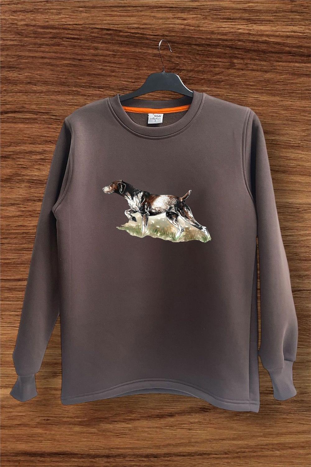 Hunting Doğa Avcılık Kurzhaar Av Köpeği Tema Baskılı Regular Fit %100 Pamuk Bisiklet Yaka Sweatshirt - Kahverengi