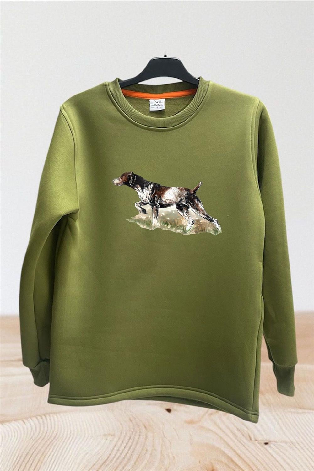 Hunting Doğa Avcılık Kurzhaar Av Köpeği Tema Baskılı Regular Fit %100 Pamuk Bisiklet Yaka Sweatshirt - Haki