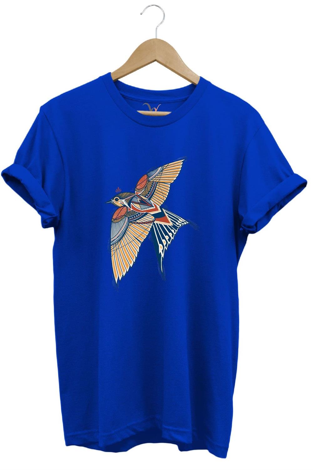 Kırlangıç Kuşu Dekoratif Baskılı %100 Pamuk Regular Fit Unisex T-Shirt - Mavi