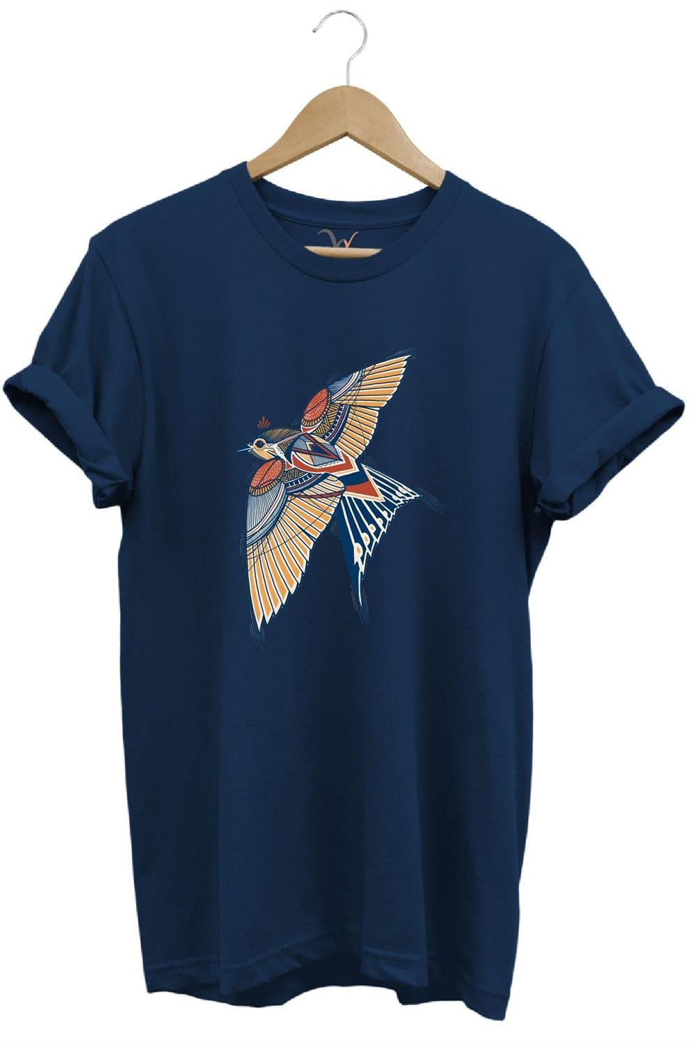 Kırlangıç Kuşu Dekoratif Baskılı %100 Pamuk Regular Fit Unisex T-Shirt - Lacivert
