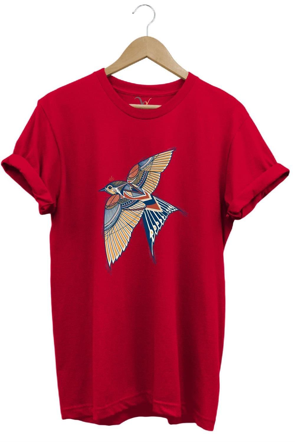 Kırlangıç Kuşu Dekoratif Baskılı %100 Pamuk Regular Fit Unisex T-Shirt - Kırmızı