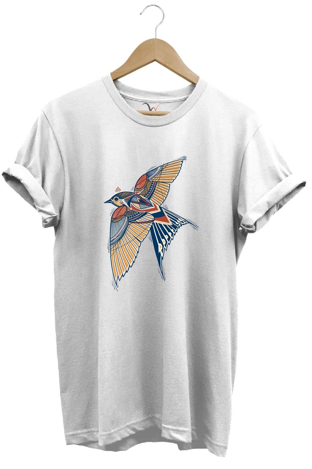Kırlangıç Kuşu Dekoratif Baskılı %100 Pamuk Regular Fit Unisex T-Shirt - Beyaz