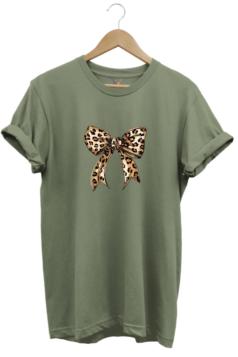 Leopar Desenli Toka Kurdele Baskılı %100 Pamuk Regular Fit Bisiklet Yaka T-Shirt - Haki
