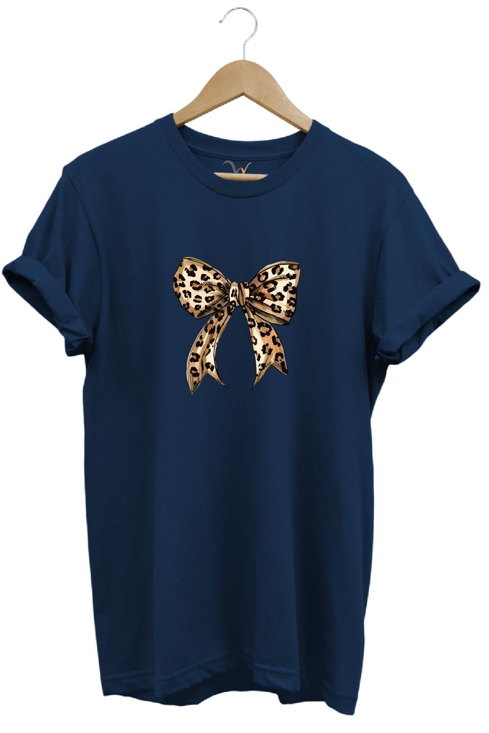 Leopar Desenli Toka Kurdele Baskılı %100 Pamuk Regular Fit Bisiklet Yaka T-Shirt - Lacivert