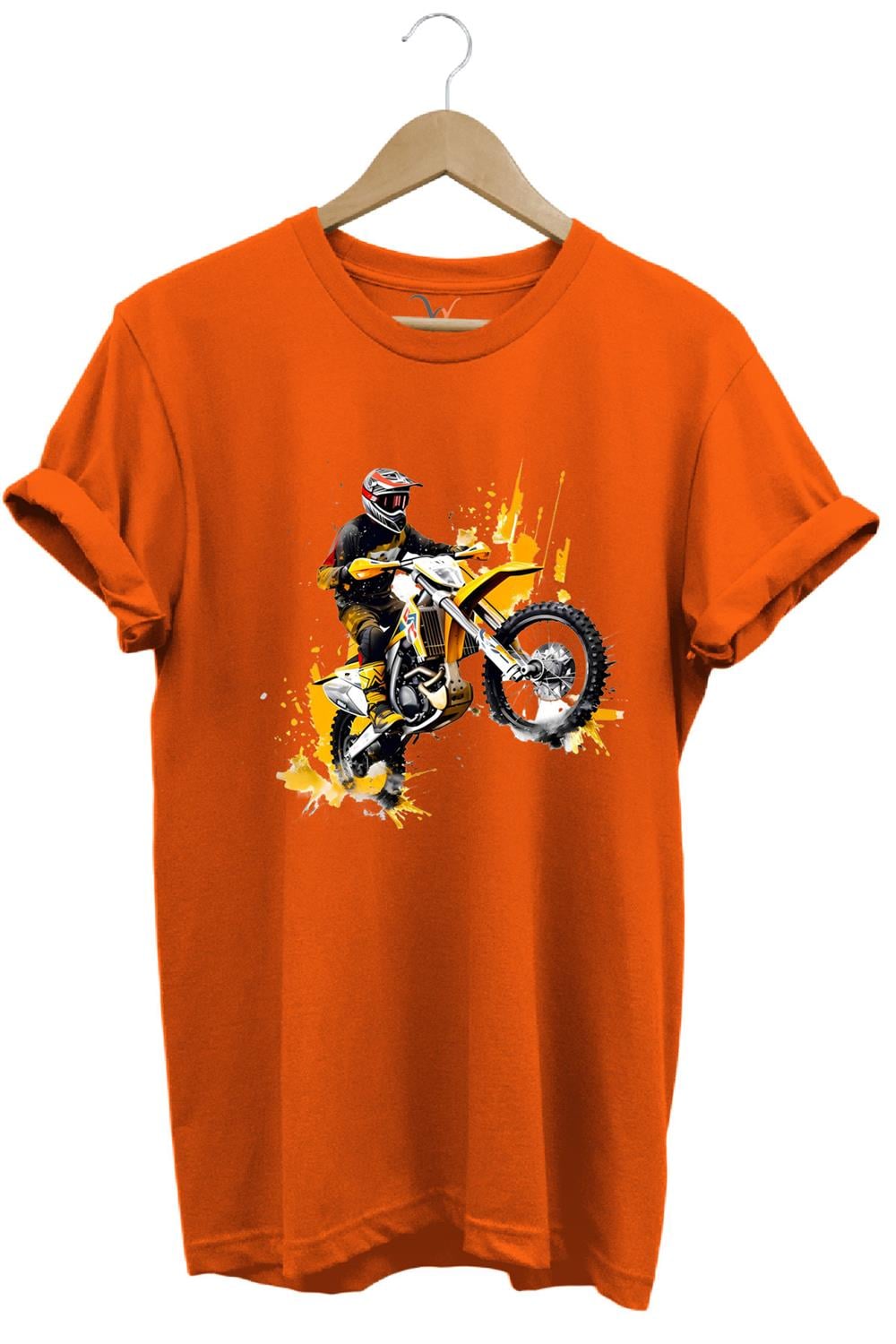 Motorcu Cross Motosiklet Baskılı Ön Kaldıran Motorcu %100 Pamuk Regular Fit Bisiklet Yaka T-Shirt - Turuncu
