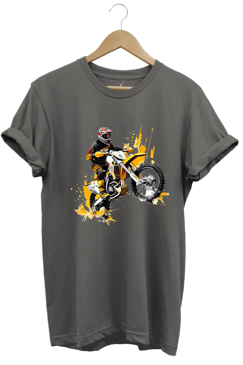 Motorcu Cross Motosiklet Baskılı Ön Kaldıran Motorcu %100 Pamuk Regular Fit Bisiklet Yaka T-Shirt - Antrasit