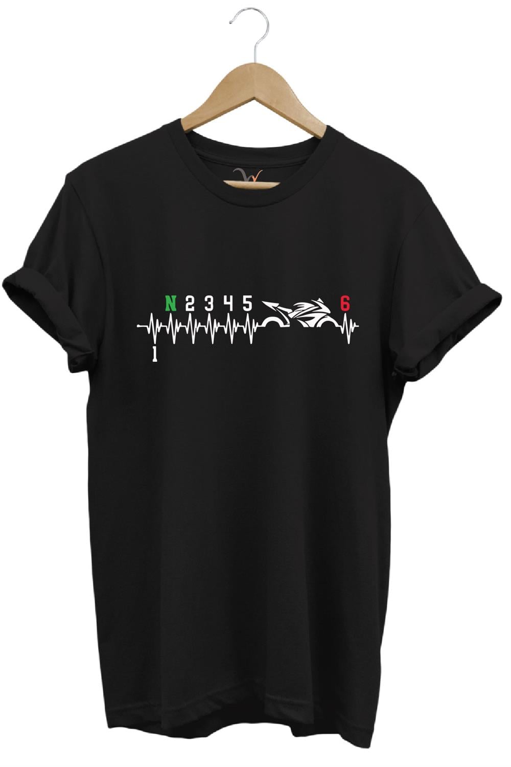 Motorcu Motorsiklet Kalp Ritmi Baskılı 1N23456 Regular Fit %100 Pamuk T-Shirt - Siyah