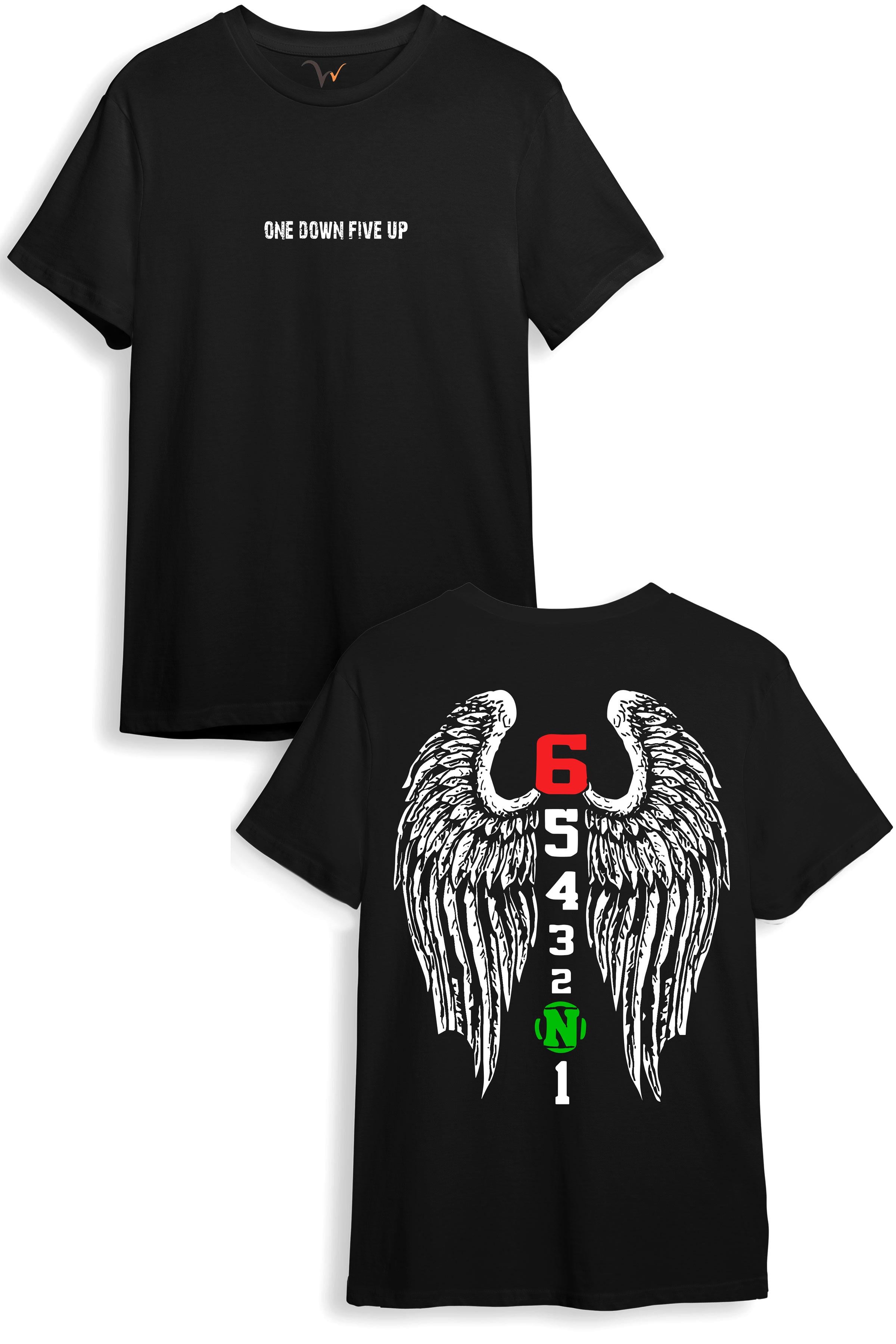 Motorcu Motorsiklet Tasarım Baskılı Sırt Kanat Detaylı One Down Five Up 1N23456 Regular Fit T-Shirt - Siyah