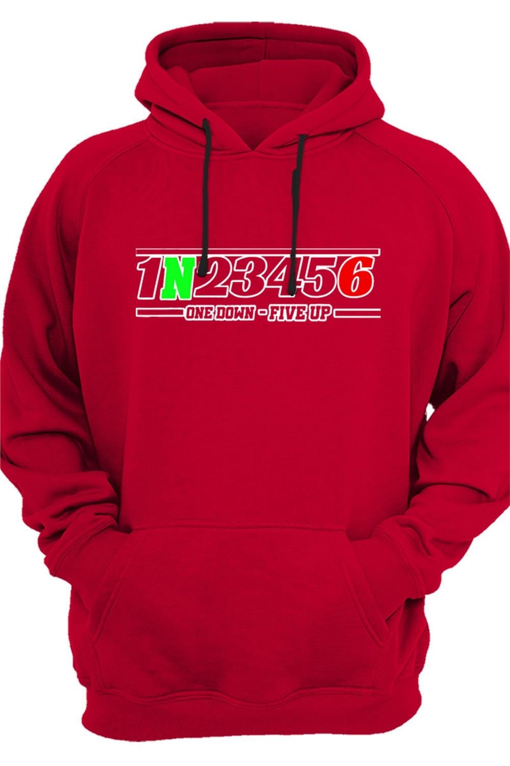 Motorcu Motorsiklet Vites Geçişleri 1N23456 Baskılı 3 İplik Kalın Şardonlu Kanguru Cepli Sweatshirt - Kırmızı