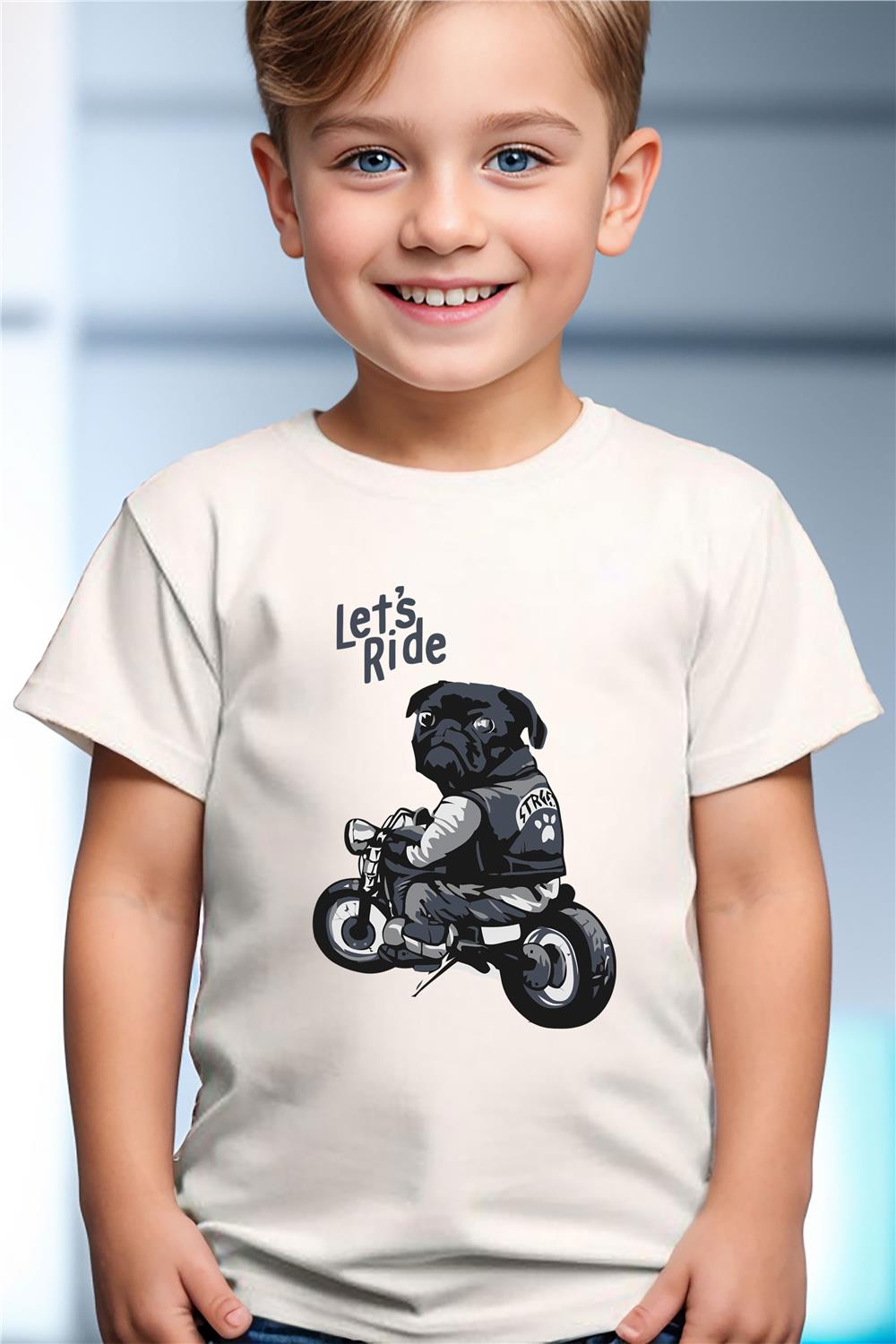Motorcu Pug Köpek Sevimli Cool Lets Ride Baskılı %100 Pamuk Erkek Çocuk Kız Çocuk T-Shirt - Beyaz