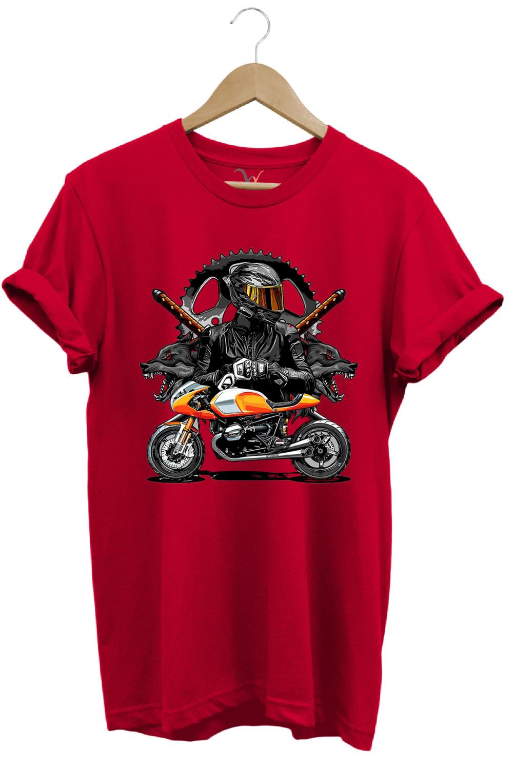 Motorsiklet Haki T-Shirt Katana Motor Kurt Ve Motorcu Baskılı Regular Fit %100 Pamuk T-Shirt - Kırmızı