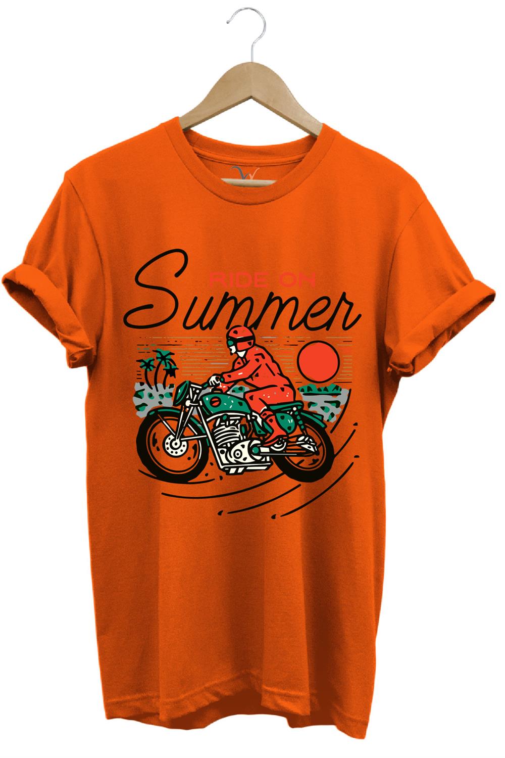 Motorsiklet Motorcu Özel Yaz Tasarımlı Ride On Summer Regular Fit %100 Pamuk T-Shirt - Turuncu