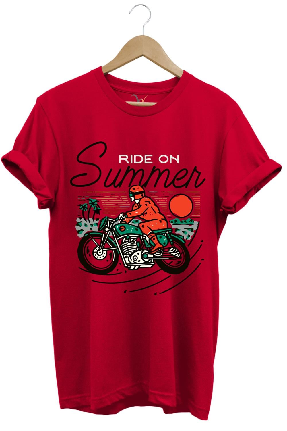 Motorsiklet Motorcu Özel Yaz Tasarımlı Ride On Summer Regular Fit %100 Pamuk T-Shirt - Kırmızı