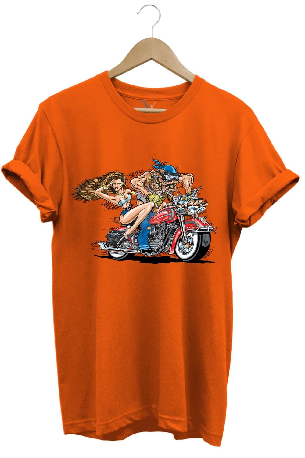 Motosiklet Motor Süren Adam Ve Kadın Baskılı %100 Pamuk Regular Fit T-Shirt - Turuncu