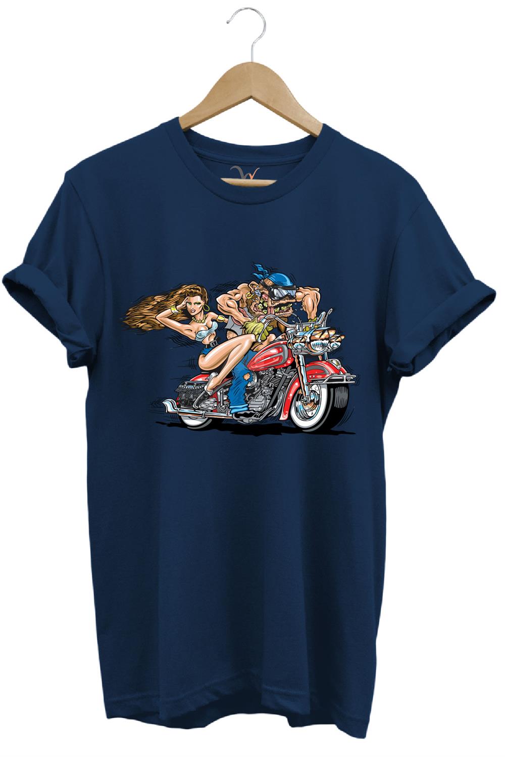 Motosiklet Motor Süren Adam Ve Kadın Baskılı %100 Pamuk Regular Fit T-Shirt - Lacivert