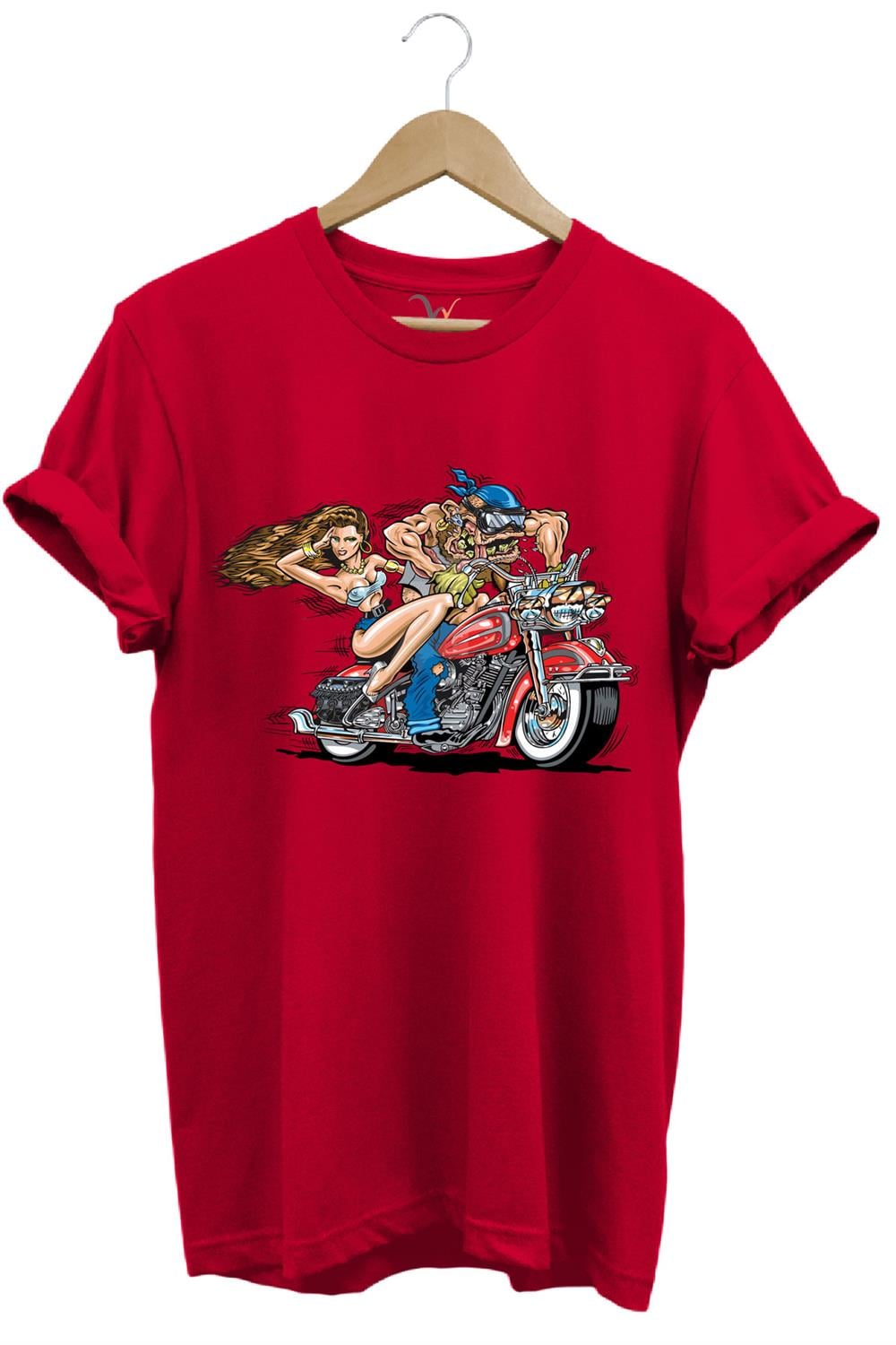 Motosiklet Motor Süren Adam Ve Kadın Baskılı %100 Pamuk Regular Fit T-Shirt - Kırmızı