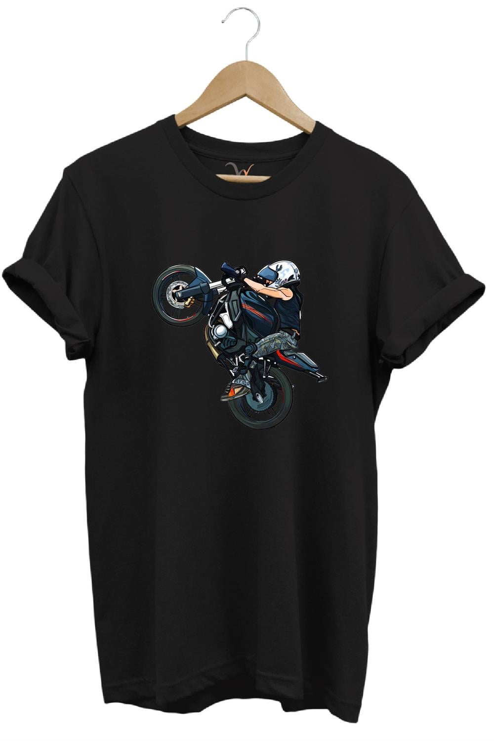 Motosiklet Racing Ön Kaldıran Motorcu Baskılı %100 Pamuk Regular Fit Bisiklet Yaka T-Shirt - Siyah
