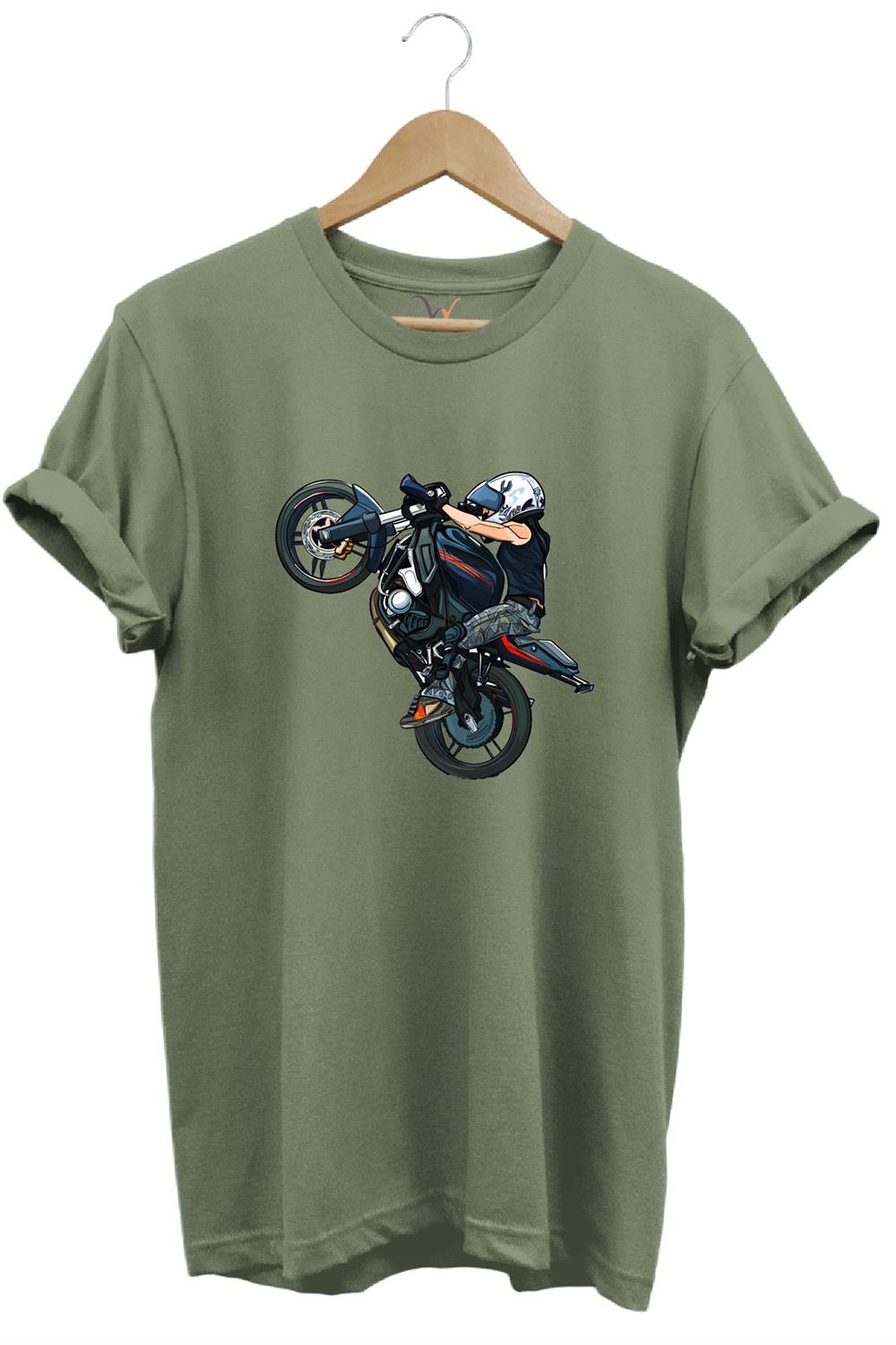Motosiklet Racing Ön Kaldıran Motorcu Baskılı %100 Pamuk Regular Fit Bisiklet Yaka T-Shirt - Haki