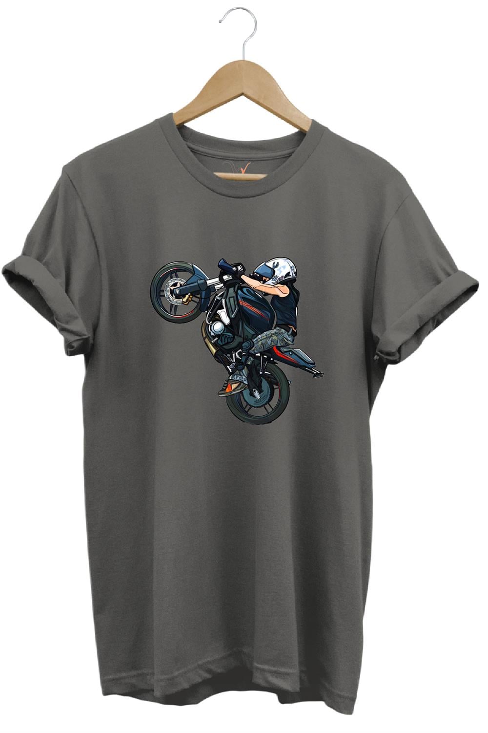 Motosiklet Racing Ön Kaldıran Motorcu Baskılı %100 Pamuk Regular Fit Bisiklet Yaka T-Shirt - Antrasit