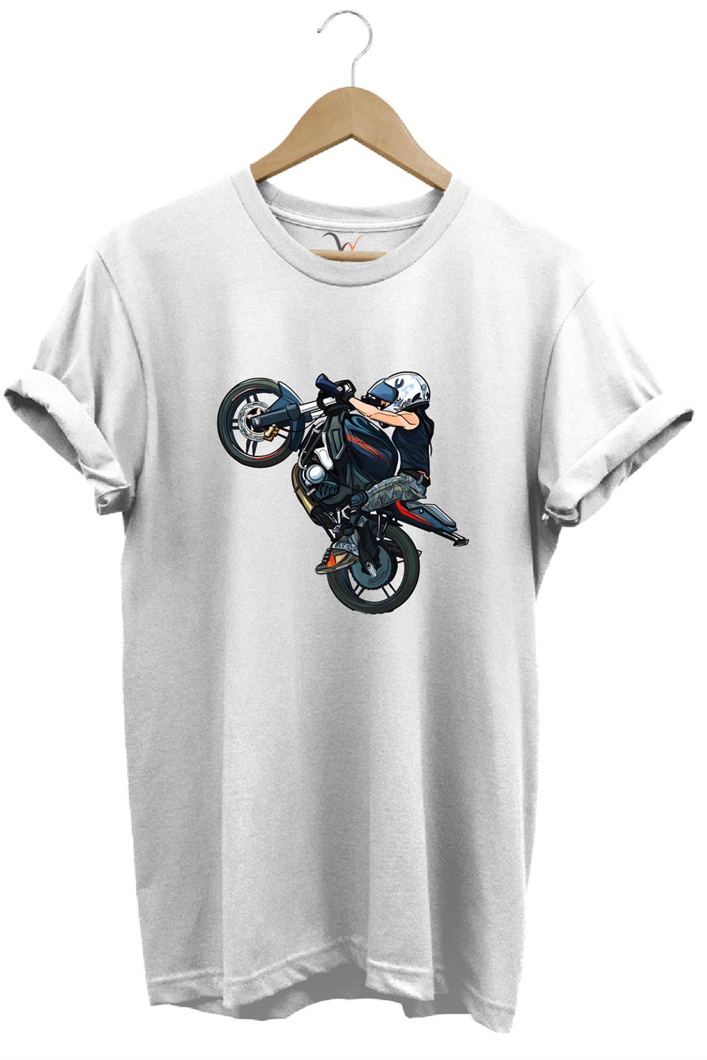 Motosiklet Racing Ön Kaldıran Motorcu Baskılı %100 Pamuk Regular Fit Bisiklet Yaka T-Shirt - Beyaz