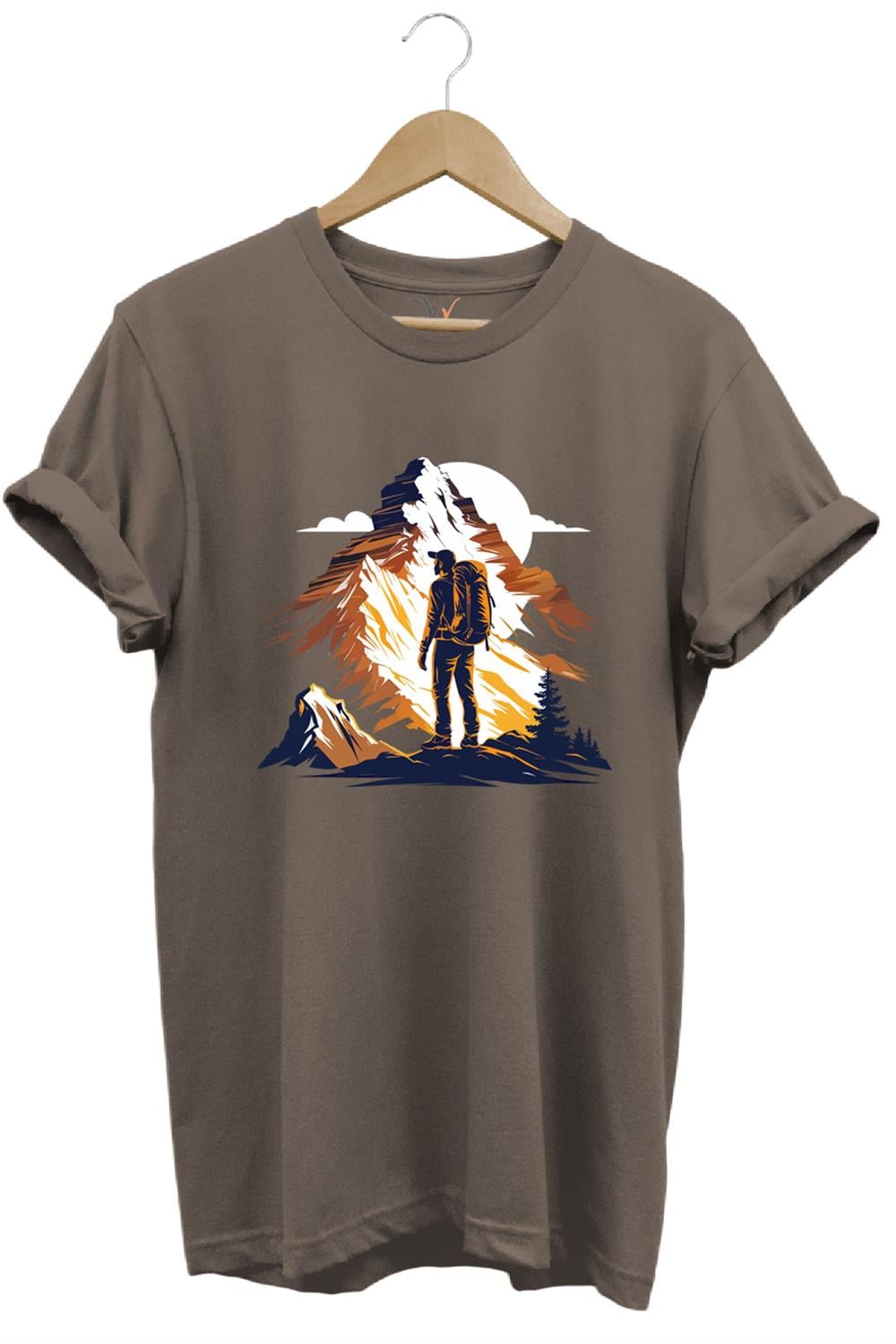 Mountain Dağ Yürüyüşü Ve Kar Manzara Baskılı %100 Pamuk Unisex Regular Fit T-Shirt - Kahve