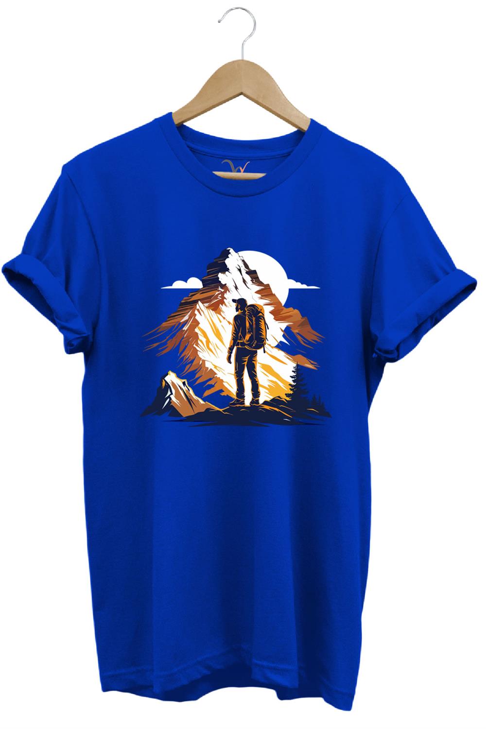 Mountain Dağ Yürüyüşü Ve Kar Manzara Baskılı %100 Pamuk Unisex Regular Fit T-Shirt - Mavi