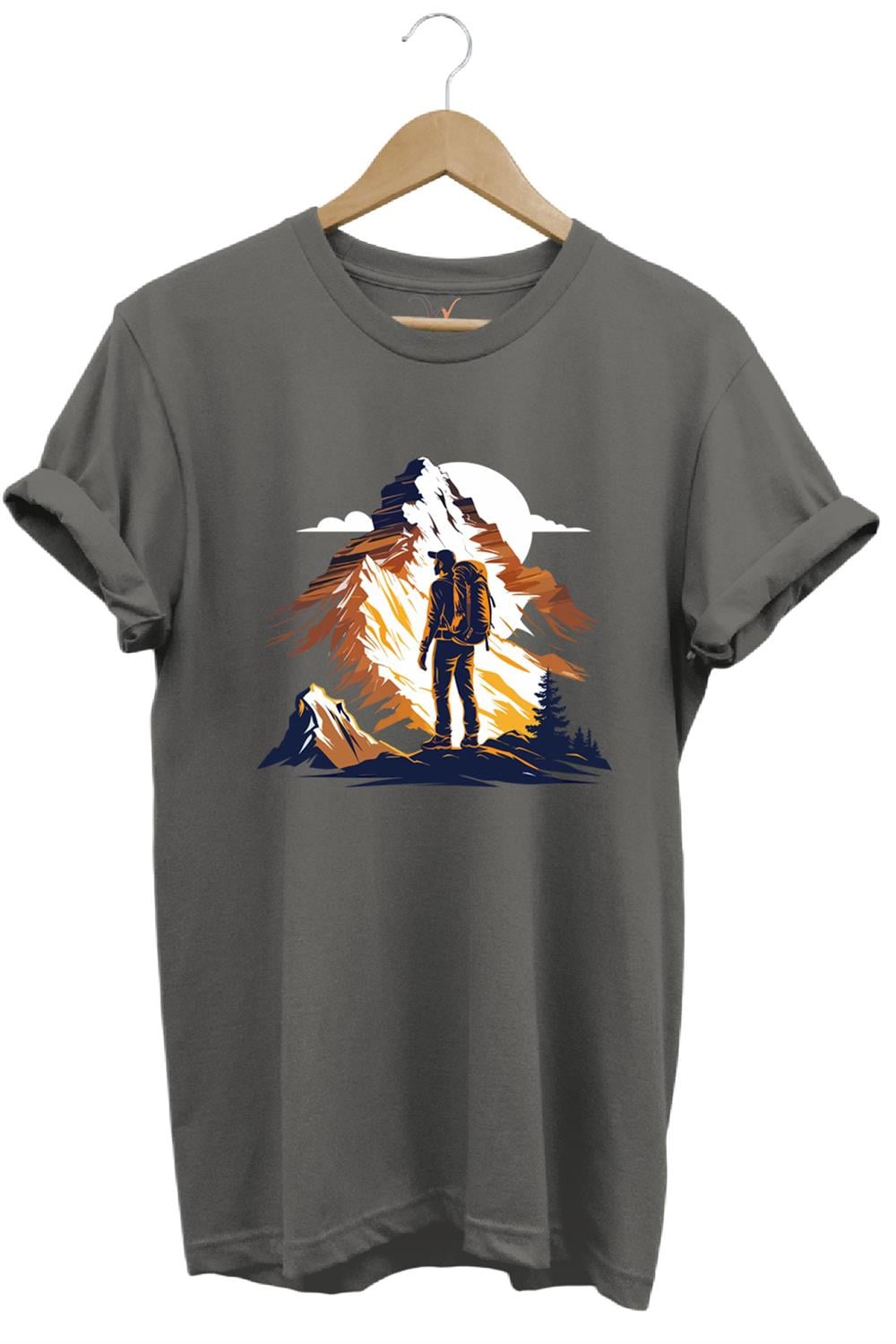 Mountain Dağ Yürüyüşü Ve Kar Manzara Baskılı %100 Pamuk Unisex Regular Fit T-Shirt - Antrasit