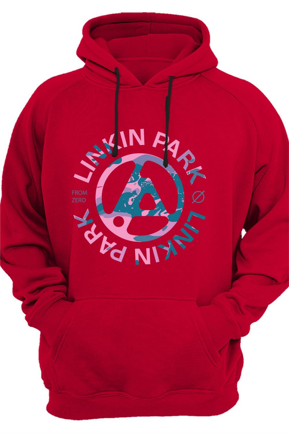 Müzik Grubu Rock Metal Baskılı Linkin Park Cool Şık 3 İplik Kalın Şardonlu Kanguru Cepli Sweatshirt - Kırmızı