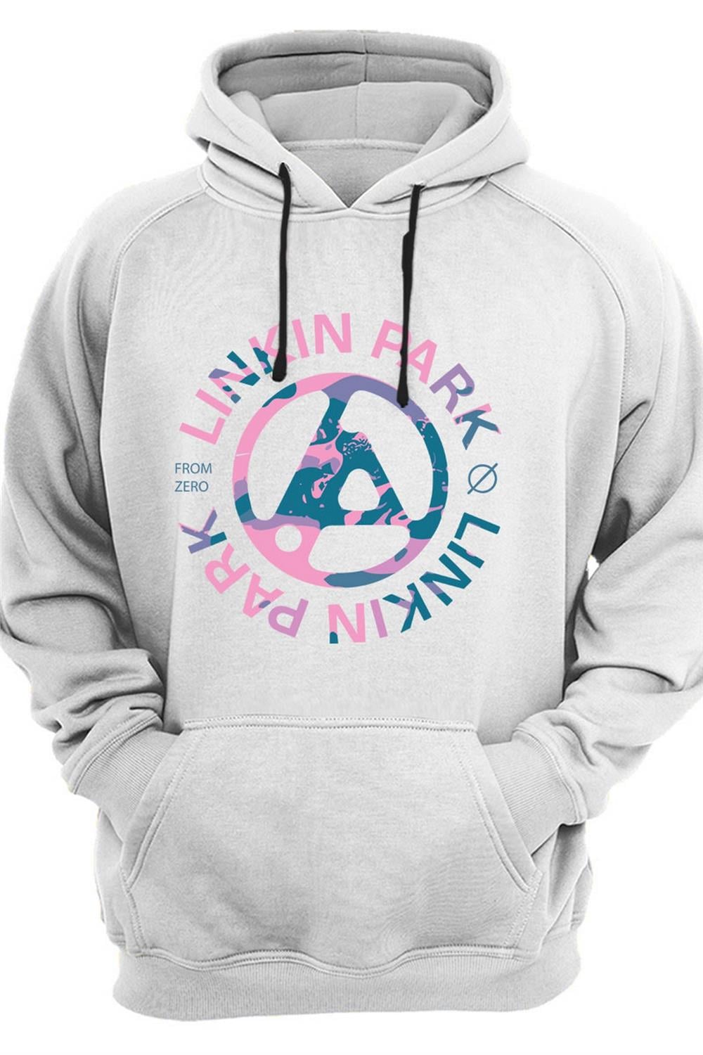 Müzik Grubu Rock Metal Baskılı Linkin Park Cool Şık 3 İplik Kalın Şardonlu Kanguru Cepli Sweatshirt - Beyaz
