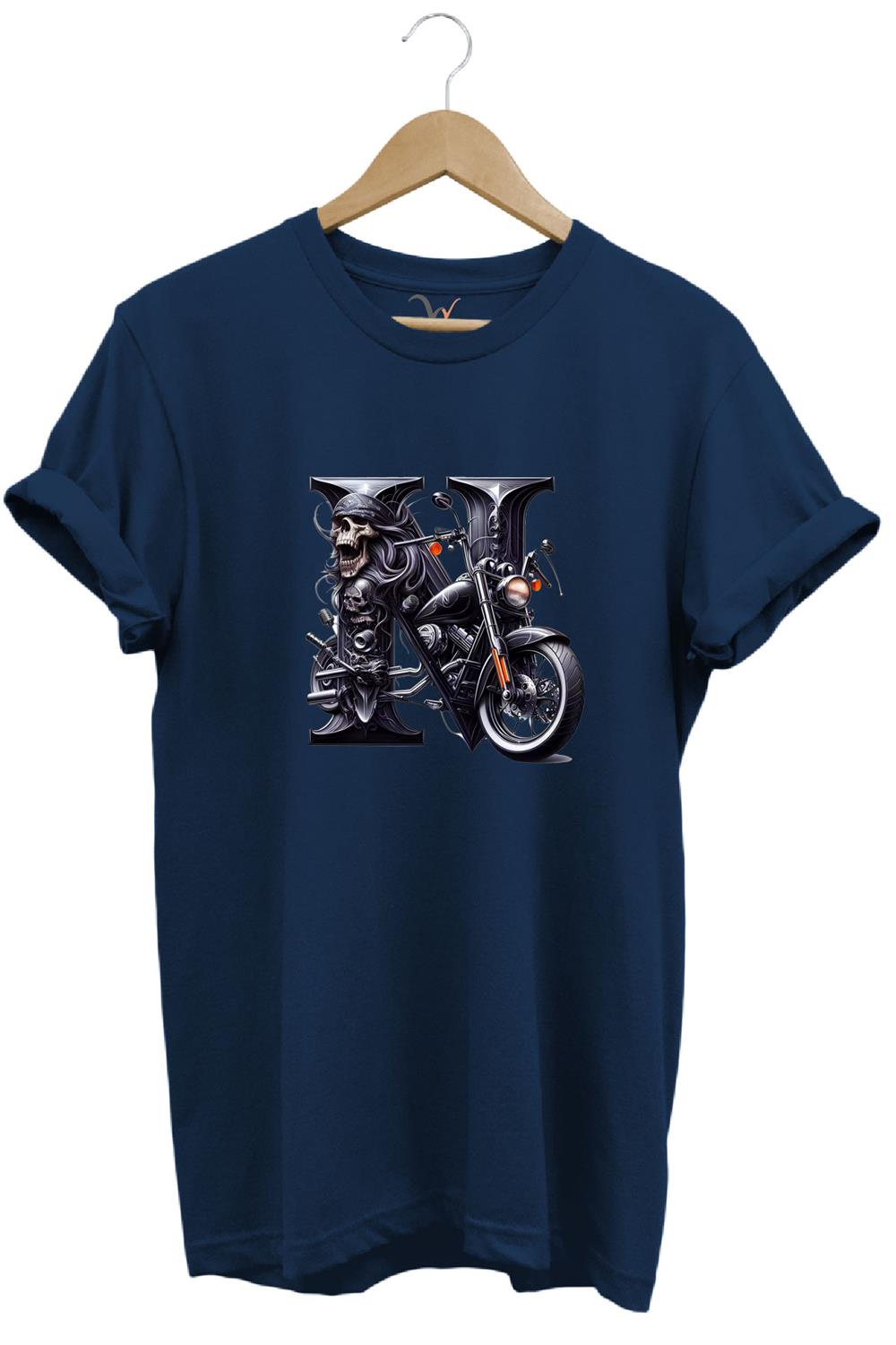 N Harfi Baskılı Motosiklet Kuru Kafa %100 Pamuk Regular Fit Bisiklet Yaka T-Shirt - Lacivert