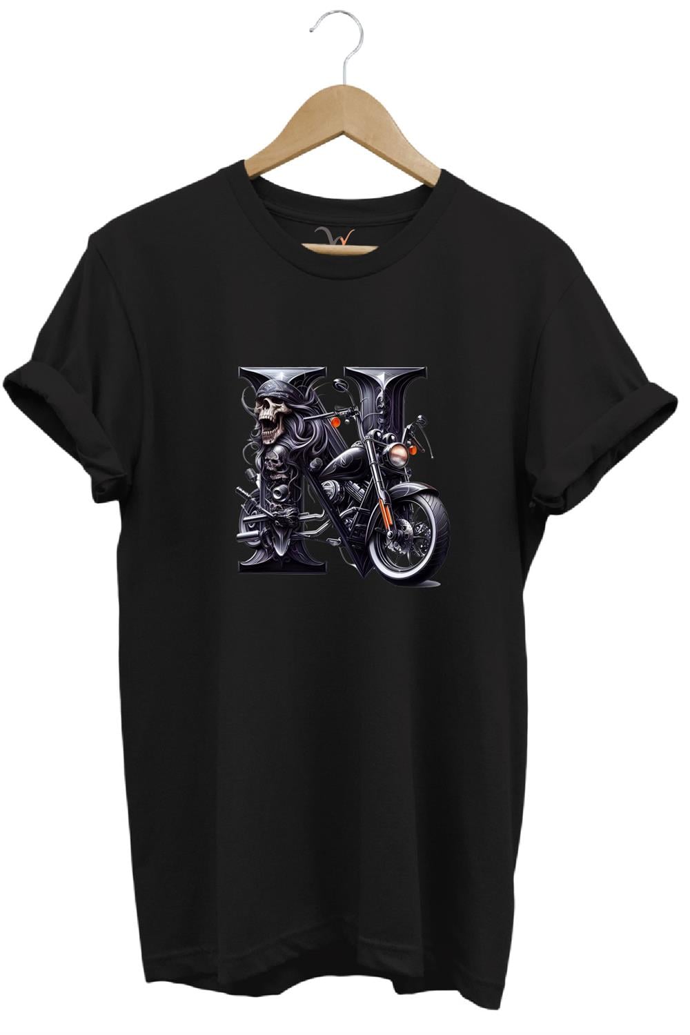 N Harfi Baskılı Motosiklet Kuru Kafa %100 Pamuk Regular Fit Bisiklet Yaka T-Shirt - Siyah