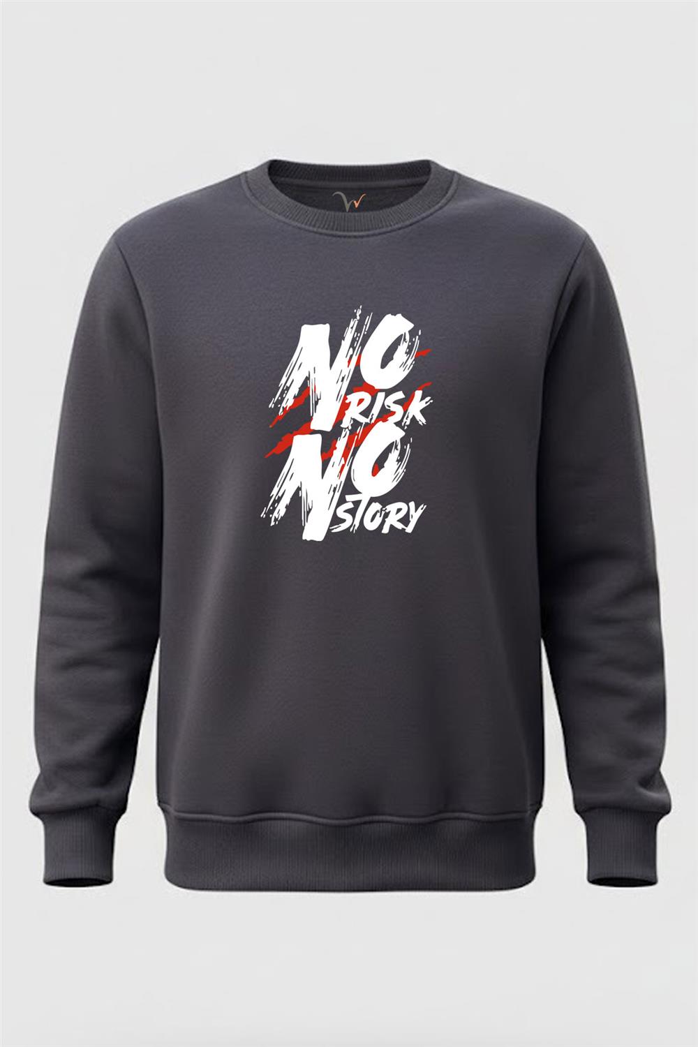 No Risk No Story Yazı Baskılı Şık Sanatsal 3 İp Şardonlu %100 Pamuk Sweatshirt - Füme