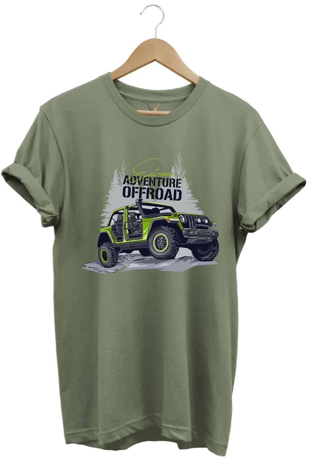Offroad 4X4 Dağ Arabası Orman Tema Baskısı Regular Fit %100 Pamuk T-Shirt - Haki