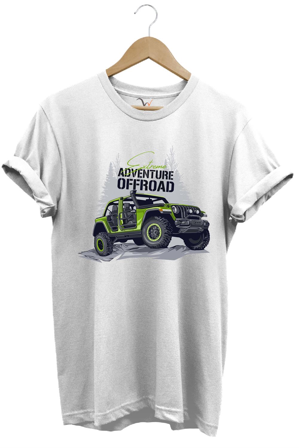 Offroad 4X4 Dağ Arabası Orman Tema Baskısı Regular Fit %100 Pamuk T-Shirt - Beyaz