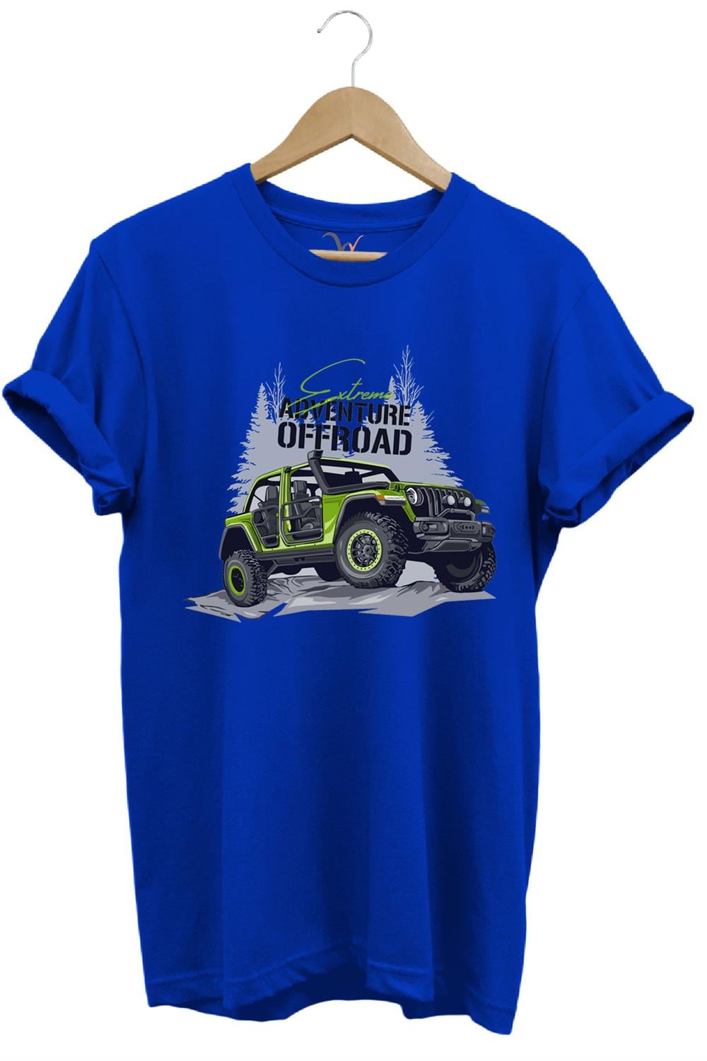 Offroad 4X4 Dağ Arabası Orman Tema Baskısı Regular Fit %100 Pamuk T-Shirt - Mavi