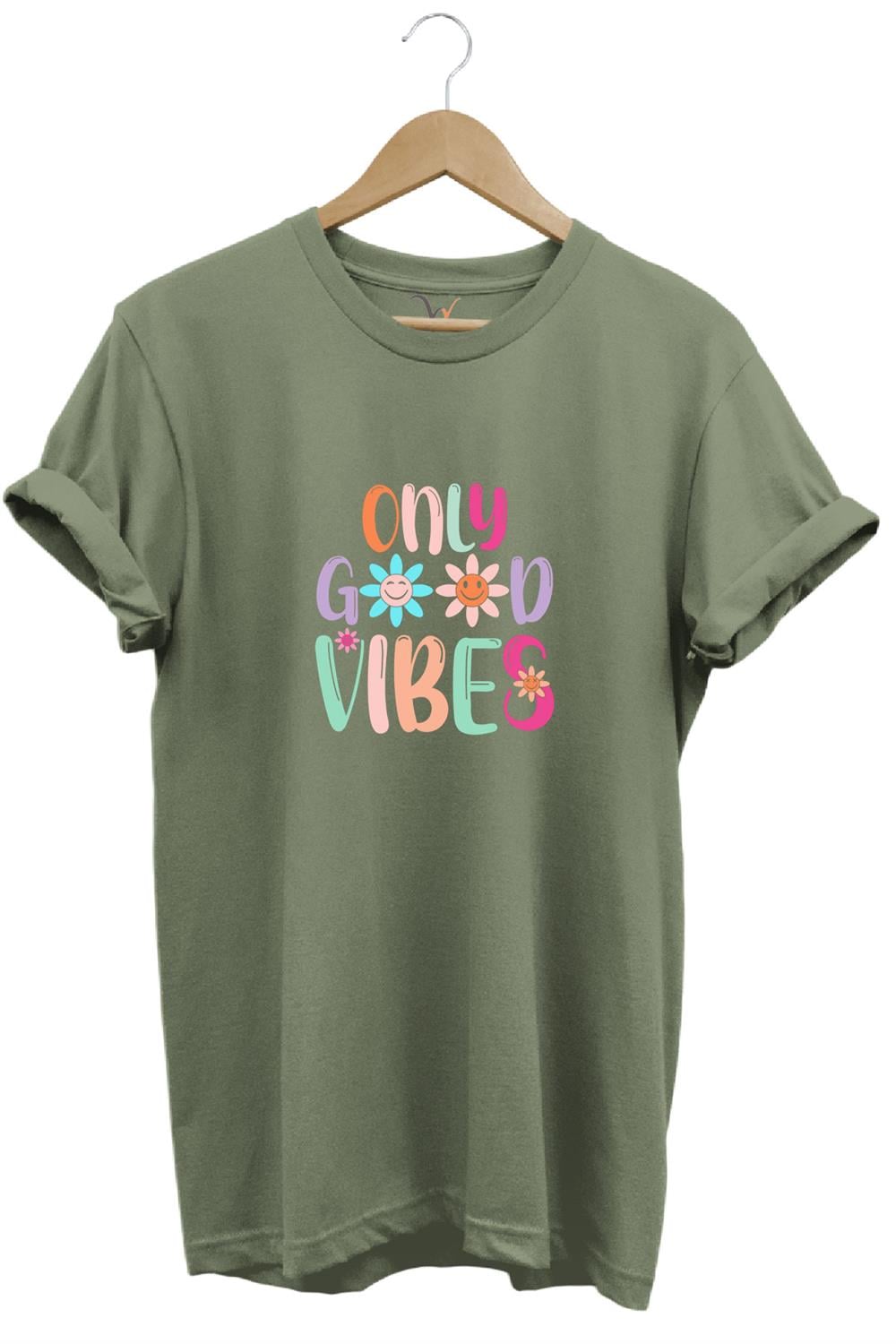 Only Good Vibes Baskılı Papatya Desenli Renkli %100 Pamuk Regular Fit Bisiklet Yaka T-Shirt - Haki