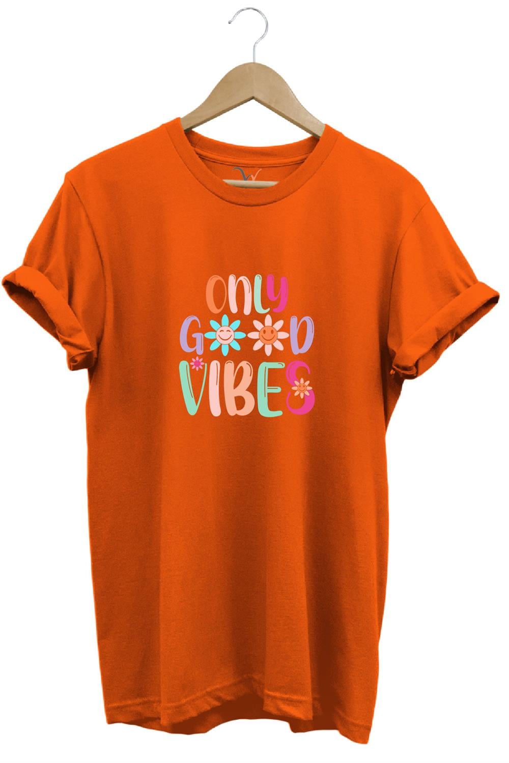 Only Good Vibes Baskılı Papatya Desenli Renkli %100 Pamuk Regular Fit Bisiklet Yaka T-Shirt - Turuncu